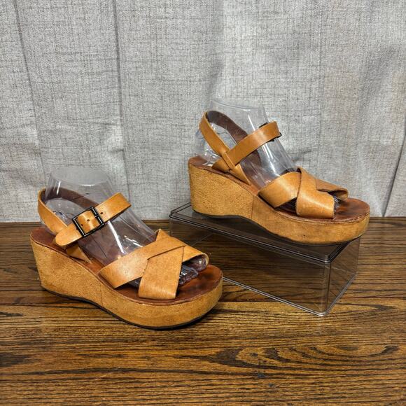 Vintage 90s Leather Platform Wedge Sandals Tan Brown Strappy Brazil Women’s 8 - Picture 1 of 6